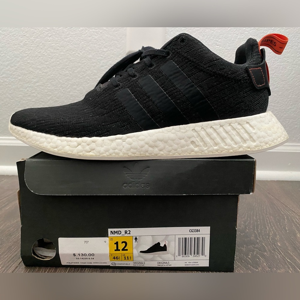 ADIDAS NMD R2/ black white orange/ size 12